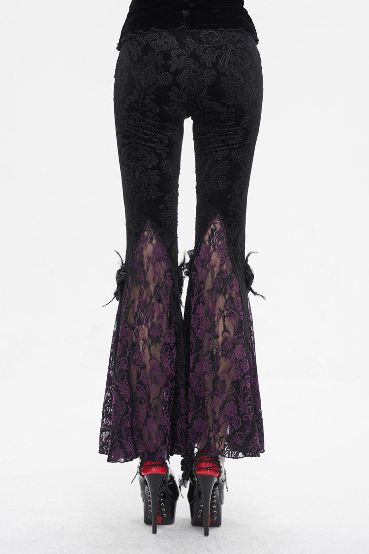 Black/Purple Printed Lace Embroidered Women's Gothic Flared Pants - Product - 6