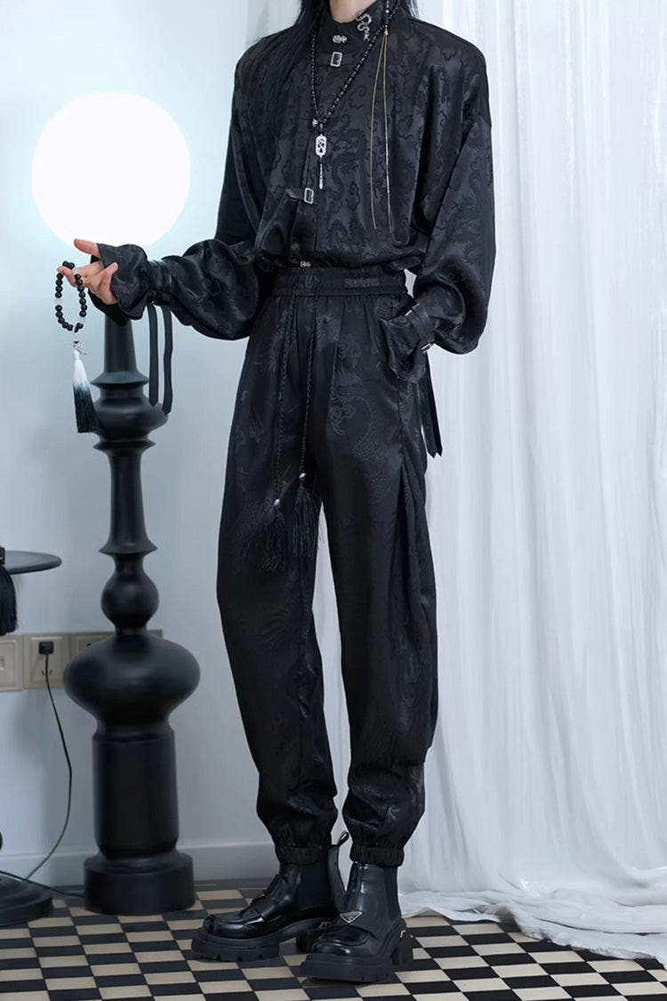 Black Dragon-Pattern Jacquard Printed Ouji Gothic Chinese Style Handsome Lolita Tassel Pants - Black - 1