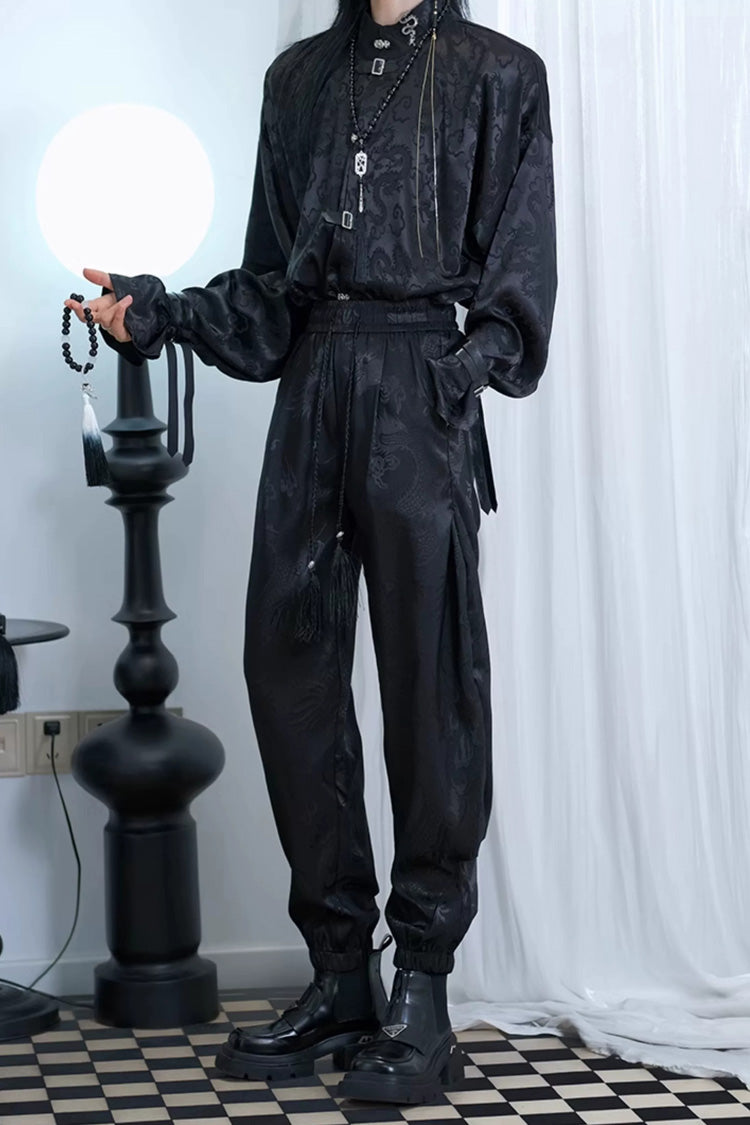 Black Dragon-Pattern Jacquard Printed Ouji Gothic Chinese Style Handsome Lolita Tassel Pants - Black - 1
