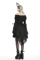 Black Off Shoulder Long Trumpet Puff Sleeves Lace-Up Strappy Mesh Women's Gothic Cocktail Dress - Product - 4