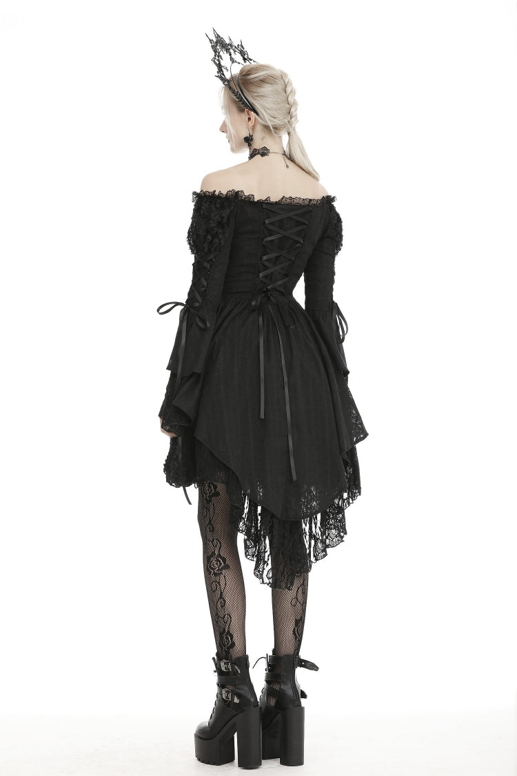 Black Off Shoulder Long Trumpet Puff Sleeves Lace-Up Strappy Mesh Women's Gothic Cocktail Dress - Product - 4