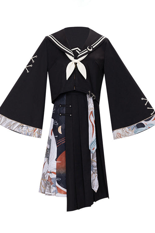 Black Bad Girl Chinese Elements Printed Asymmetric Pleated Skirt Full Set Of Classic Lolita Dress - Product - 7