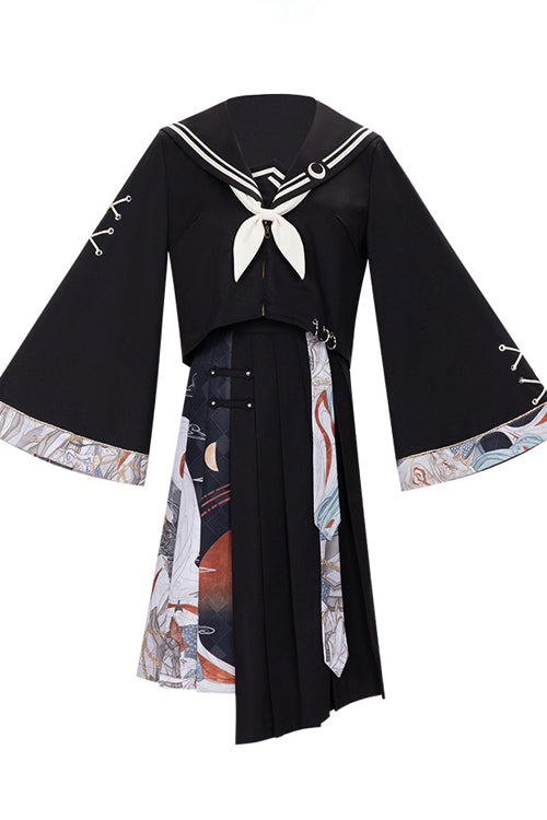 Black Bad Girl Chinese Elements Printed Asymmetric Pleated Skirt Full Set Of Classic Lolita Dress - Product - 7