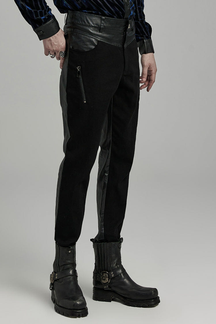 Black Faux Leather Stitching Zipper Men's Punk Pants - Product - 2