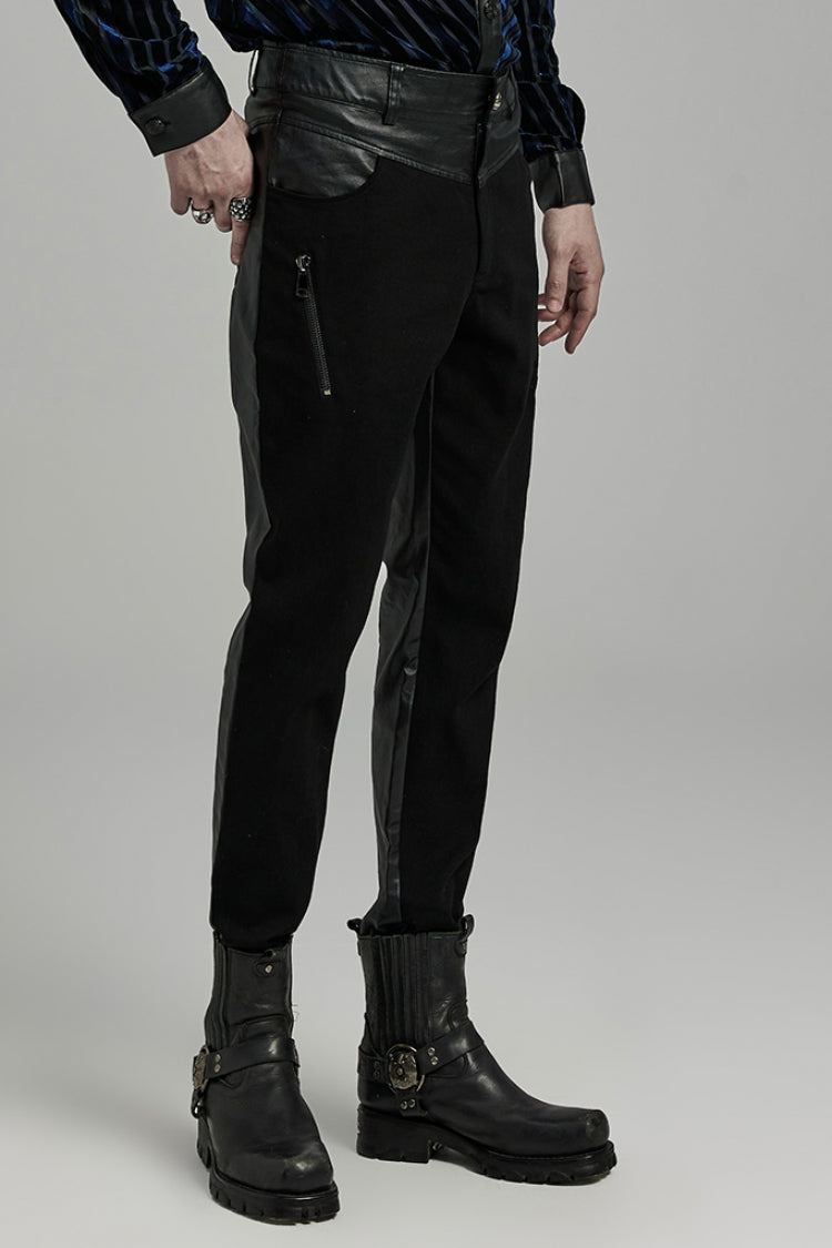 Black Faux Leather Stitching Zipper Men's Punk Pants - Product - 2