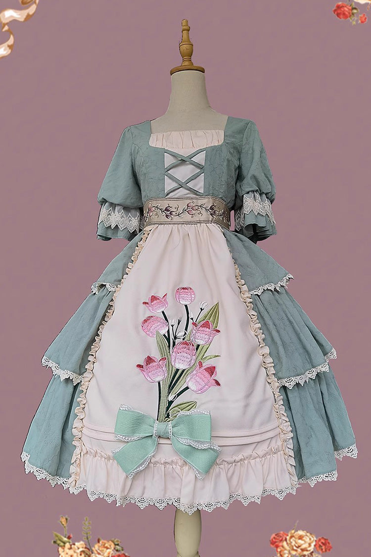 Tulip Print Embroidery Short Sleeves Multi-layer Sweet Elegant Lolita Jsk Dress 3 Colors - Product - 6