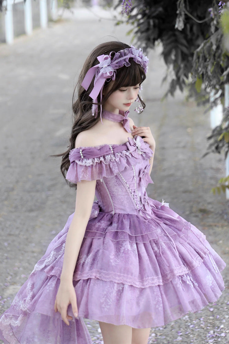 Purple [Wisteria Wonderland] Double-Layered Bow Lace-Up Sweet Elegant Princess Ballet Lolita Jsk Dress - Product - 4