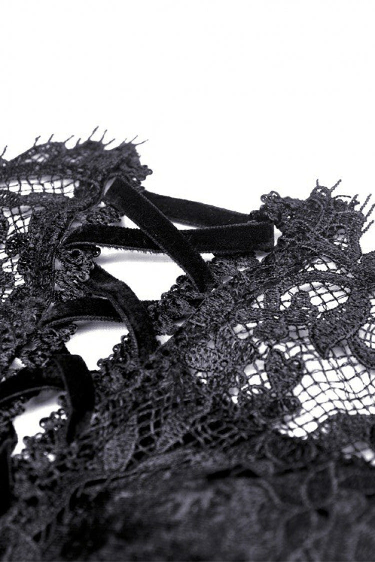 Black Long Puff Sleeves Spliced Lace Lace-Up Women's Gothic Vintage Velvet Wedding Dress - Product - 15
