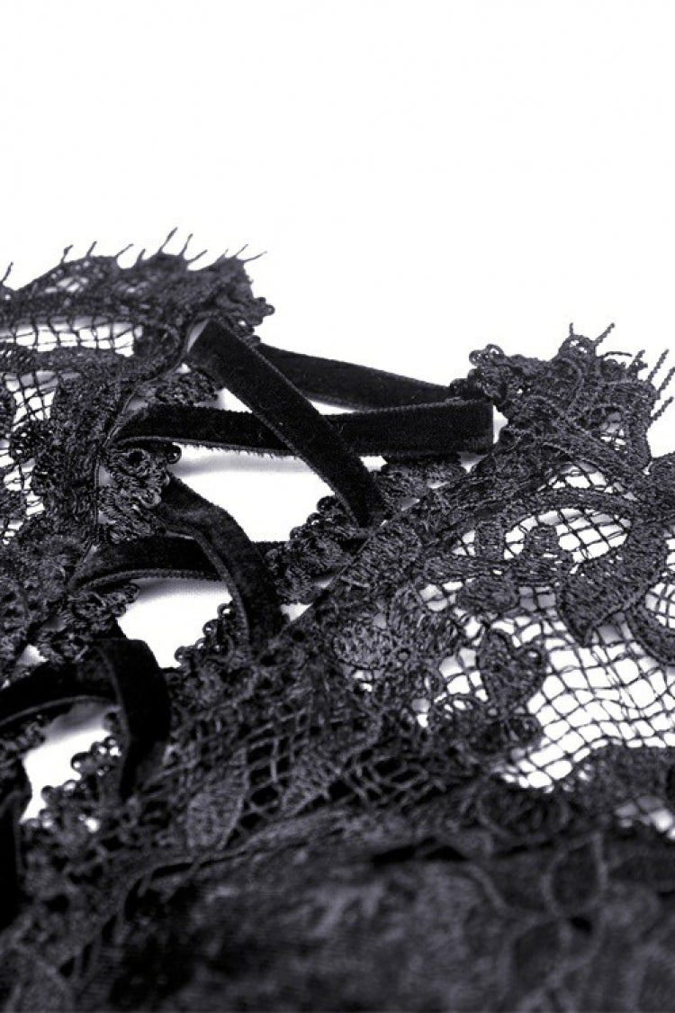 Black Long Puff Sleeves Spliced Lace Lace-Up Women's Gothic Vintage Velvet Wedding Dress - Product - 15