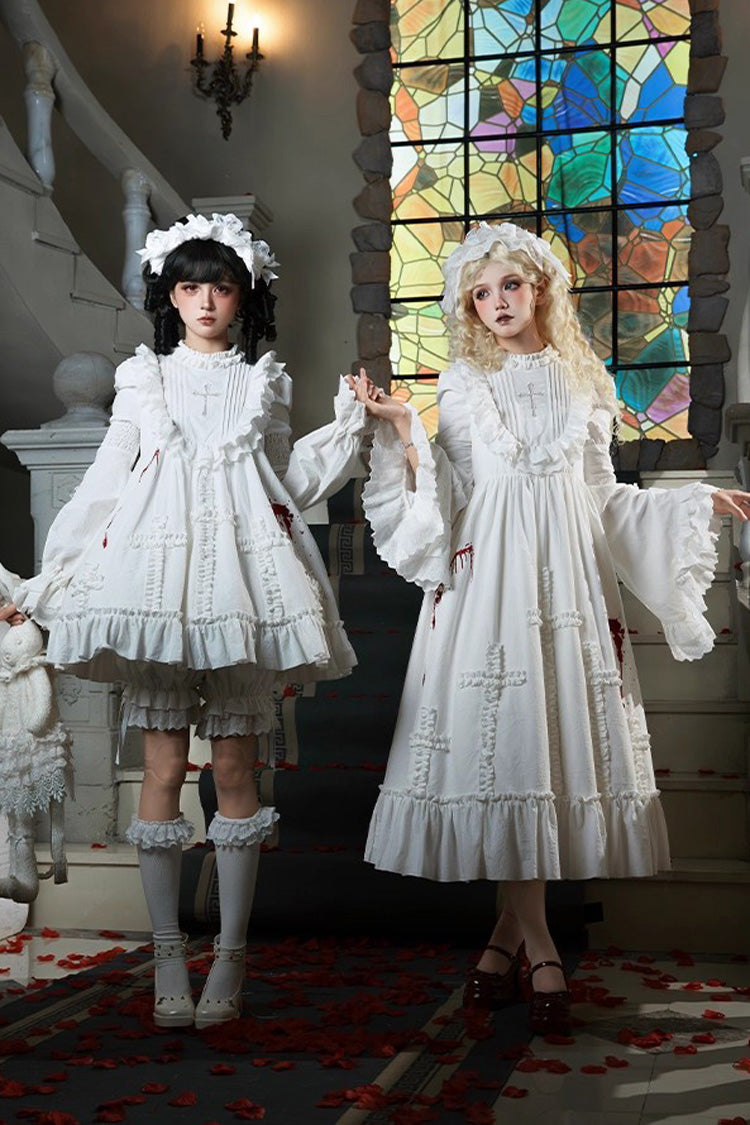 White [Cross Doll] Long Hime Sleeves Ruffle Lace Gothic Lolita Dress Set 2 Versions - Product - 7
