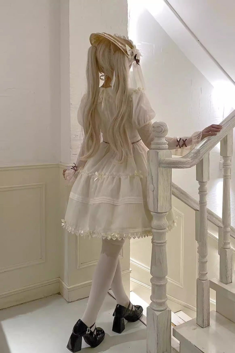 White Lapel Collar Long Sleeves Hollow Sweet Princess Lolita Dress - Product - 4