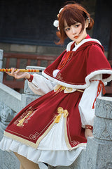 Red Chinese New Year Golden Crane Print Long Sleeve Sweet Lolita OP Dress - Product - 5