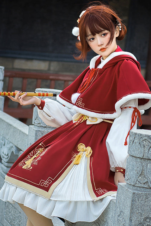 Red Chinese New Year Golden Crane Print Long Sleeve Sweet Lolita OP Dress - Product - 5