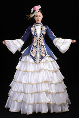 Multi-Layer Hime Sleeves High Waisted Three Dimensional Flower Print Victorian Lolita Prom Tiered Dress - Blue - 6