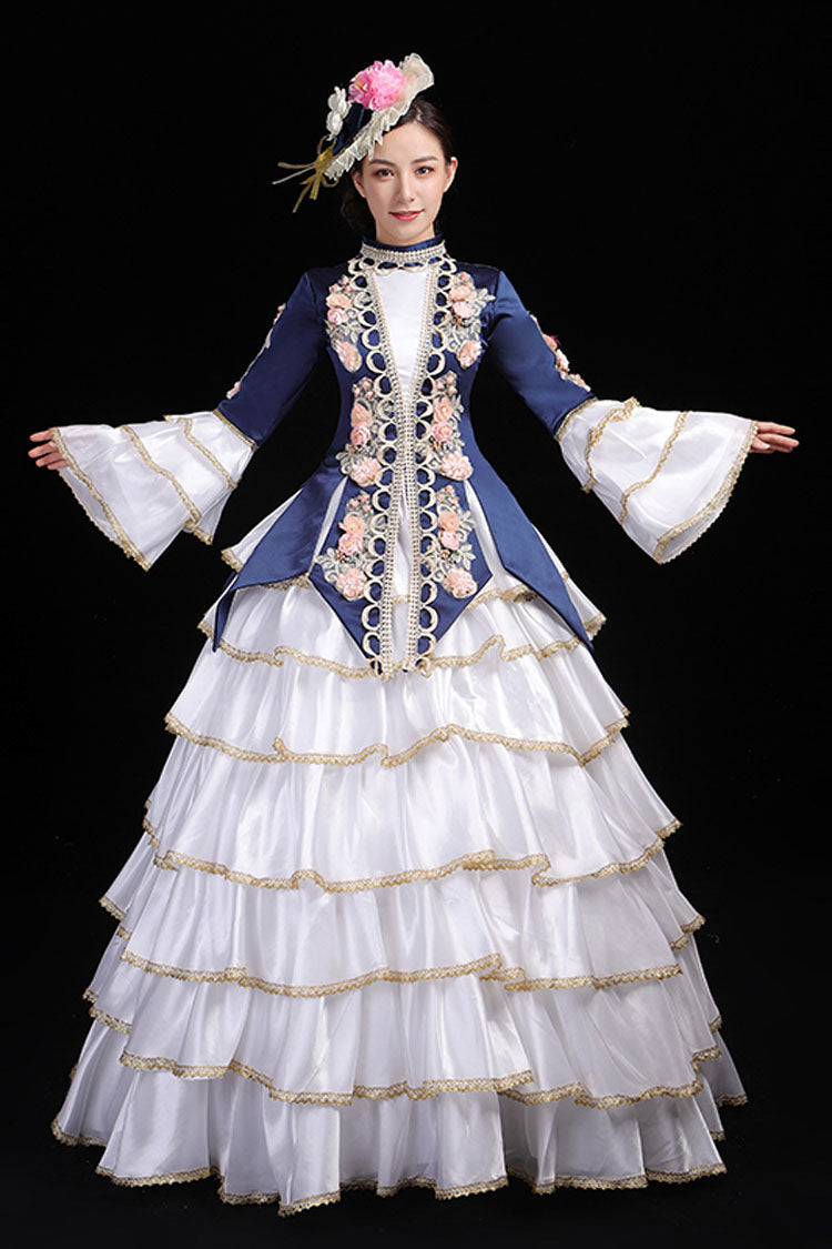 Multi-Layer Hime Sleeves High Waisted Three Dimensional Flower Print Victorian Lolita Prom Tiered Dress - Blue - 6
