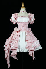 [Spring Overture] Square Collar Short Sleeves Ruffle Cardigan Bowknot Lace Sweet Elegant Lolita Skirt Set 4 Colors - Pink - 1