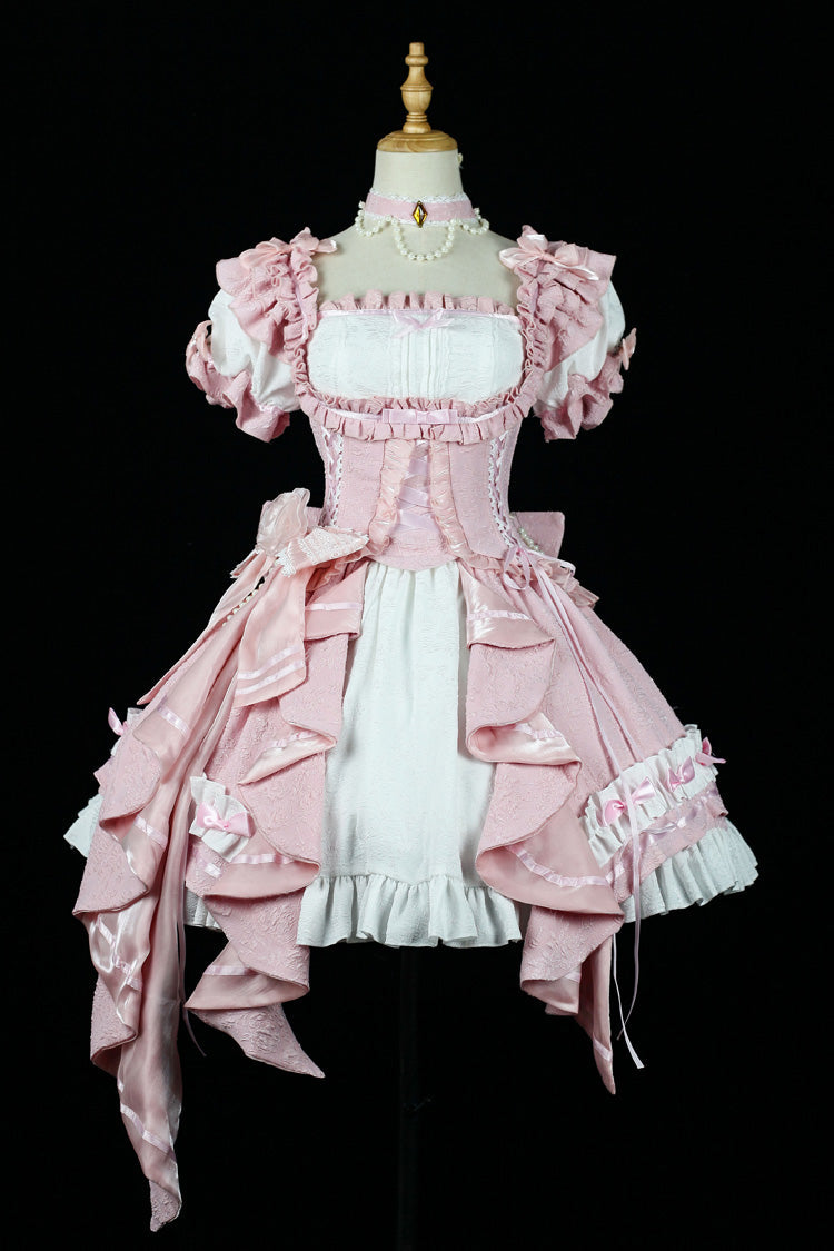 [Spring Overture] Square Collar Short Sleeves Ruffle Cardigan Bowknot Lace Sweet Elegant Lolita Skirt Set 4 Colors - Pink - 1