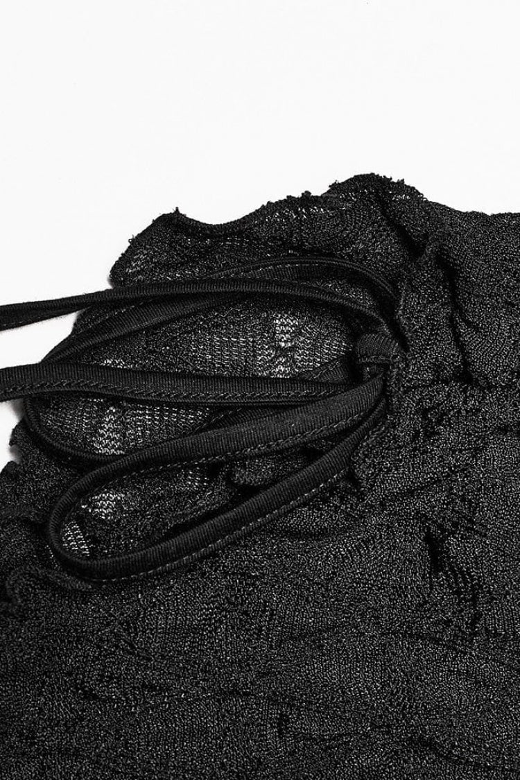Black Diamond Pattern Round Collar Irregular Drawstring Women's Gothic Shirt - Product - 8