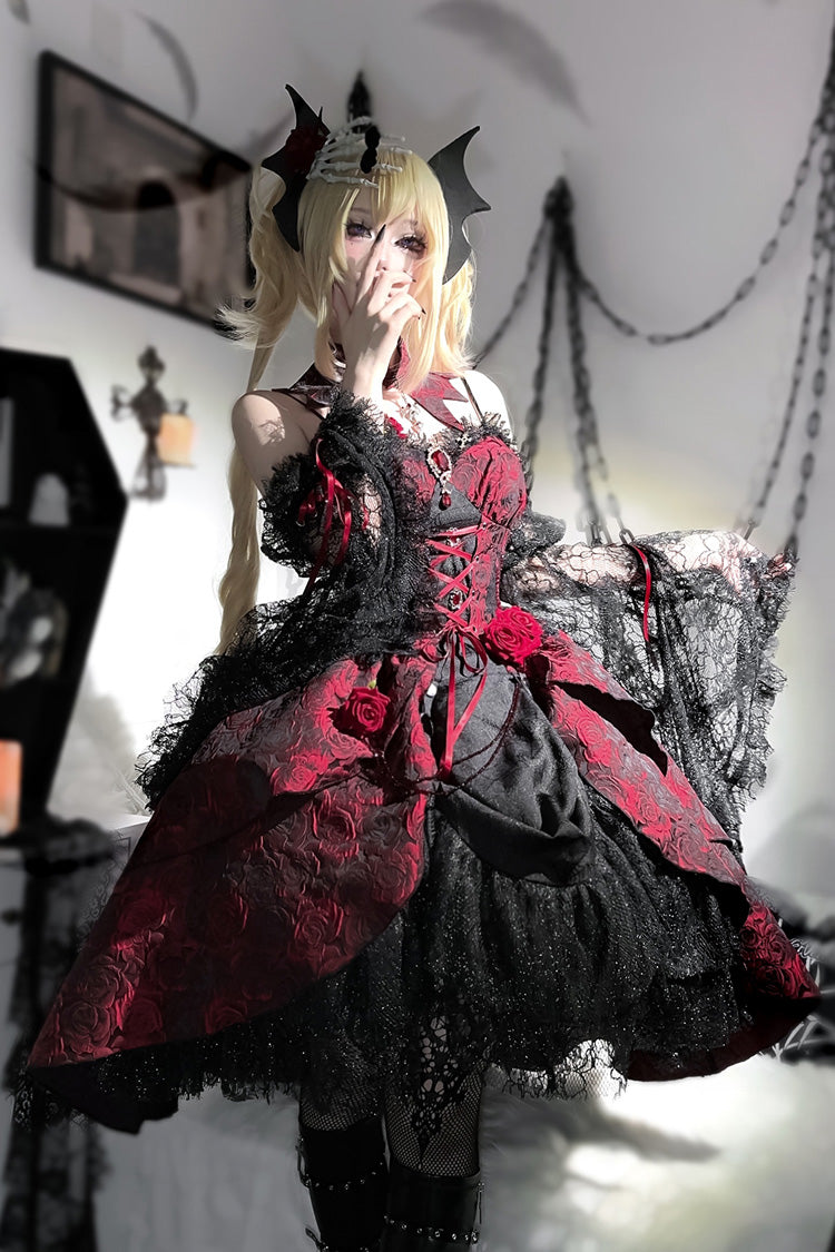 Black/Red [Weeping Rose] Jacquard Print Ruffle Cardigan Bowknot Lace-Up Gothic Lolita Dress - Product - 6