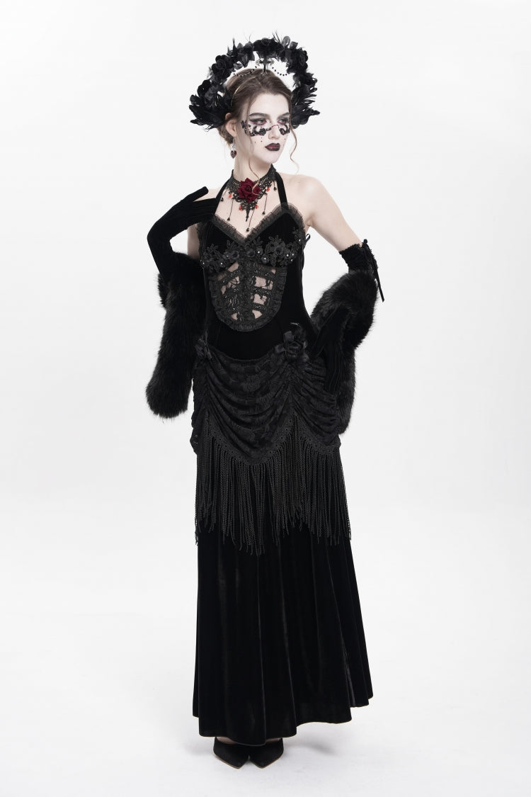 Black Sleeveless Hollow Floral Embroidery Lace-Up Pleated Women's Gothic Maxi Dress - Product - 10