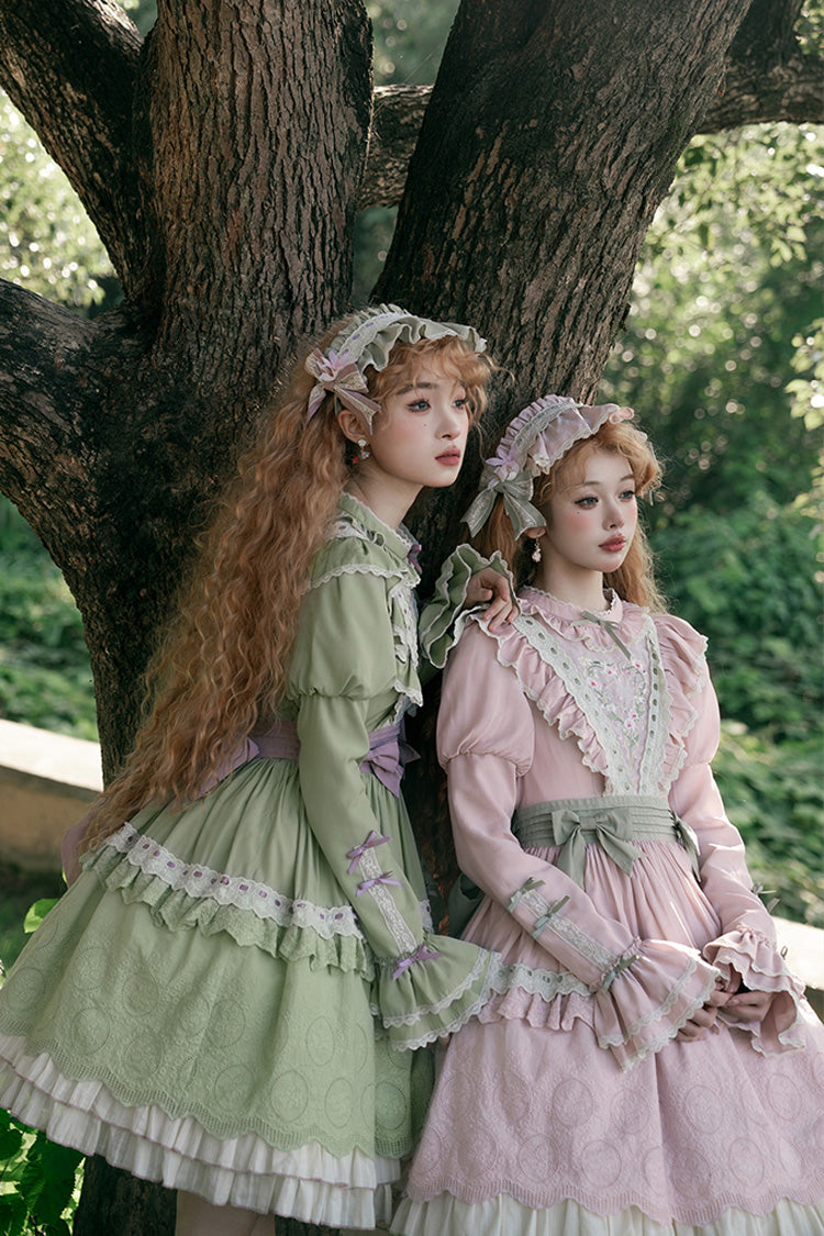Green [Solitary Orchid In Quiet Valley] Long Sleeves Multi-Layered Embroidery Bowknot Sweet Lolita Dress - Product - 6