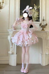 Pink [Sakura Bunny Ballad] Square Collar Flutter Sleeves Jacquard Ruffled Bow Lace Sweet Elegant Luxurious Short Lolita Jsk Dress - Product - 8