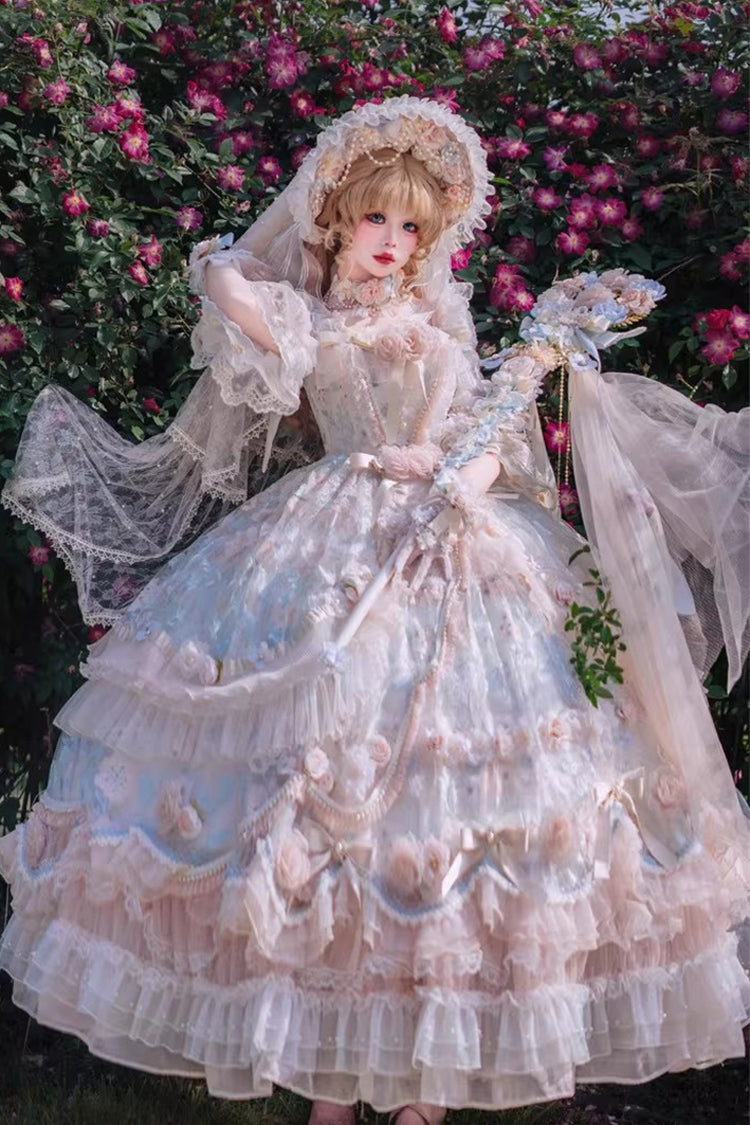 Blue/Pink [Rose Blossom Banquet] Multi-Layered Printed Ruffled Hanayome Bow Lace Sweet Plus Size Princess Gorgeous Lolita Dress - Product - 8