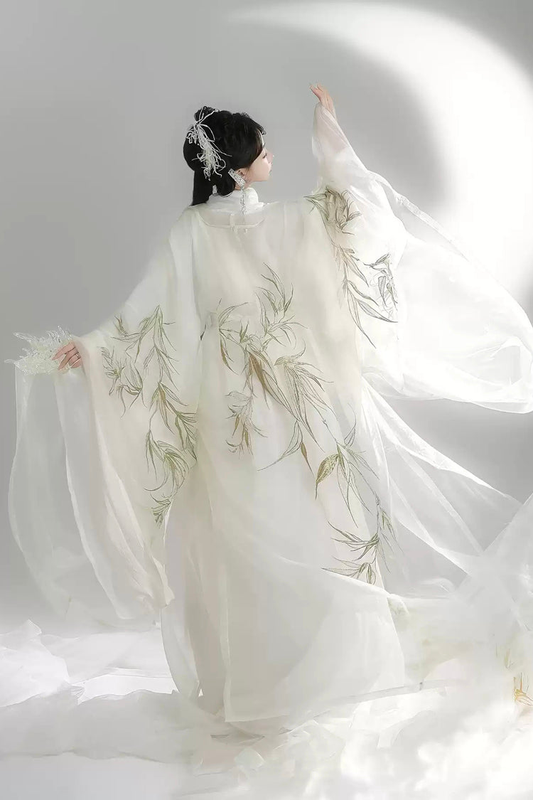 White [Bamboo Leaves] V Collar Trumpet Sleeves High Waisted Embroidered Women's Classic Hanfu Dress Set - Product - 5