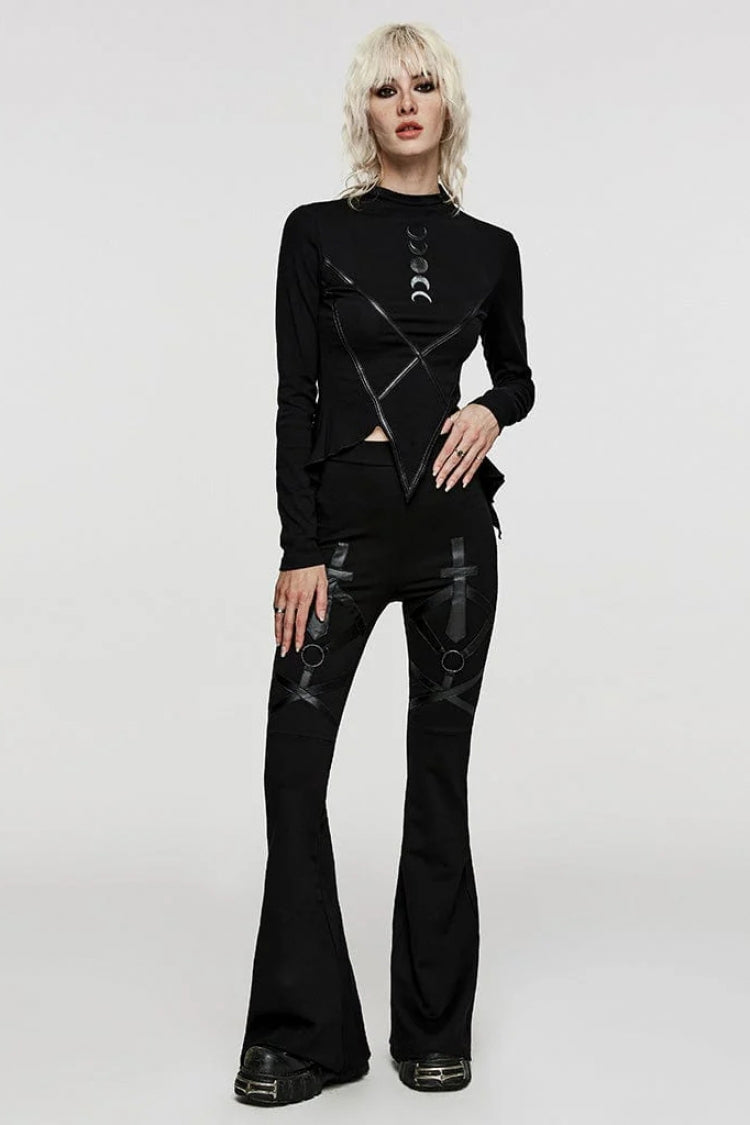 Black Long Sleeves Moon Print Leather Stitching Irregular Womens Steampunk T-Shirt - Product - 4
