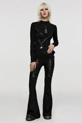 Black Long Sleeves Moon Print Leather Stitching Irregular Womens Steampunk T-Shirt - Product - 4