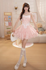 Pink [Floral Brulee] Square Collar Sleeveless Multi-Layered Ruffled Bow Spliced Lace Sweet Princess Lolita Jsk Dress - Product - 5
