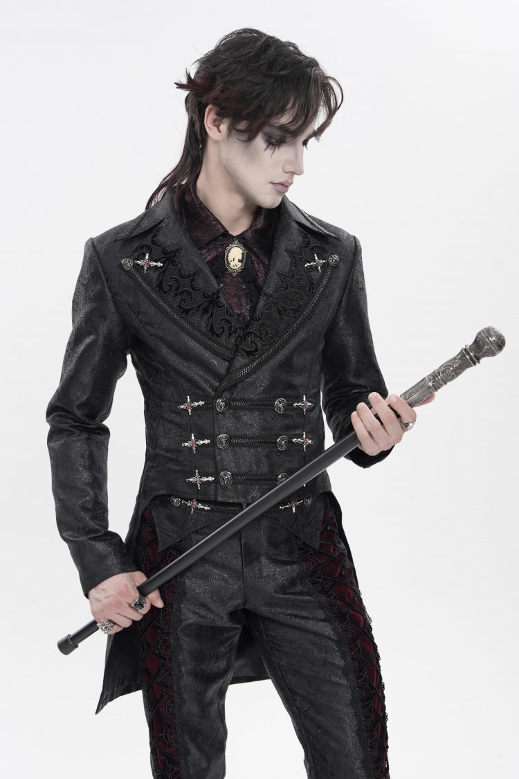 Black Lapel Collar Long Sleeves Lace-Up Slim Men's Gothic Handsome Double-Breasted Jacket - Product - 7