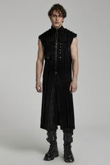 Black Stand Collar High Waisted Slim Men's Gothic Long Vest - Black - 1