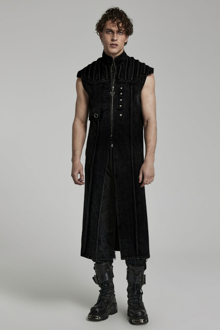 Black Stand Collar High Waisted Slim Men's Gothic Long Vest - Black - 1