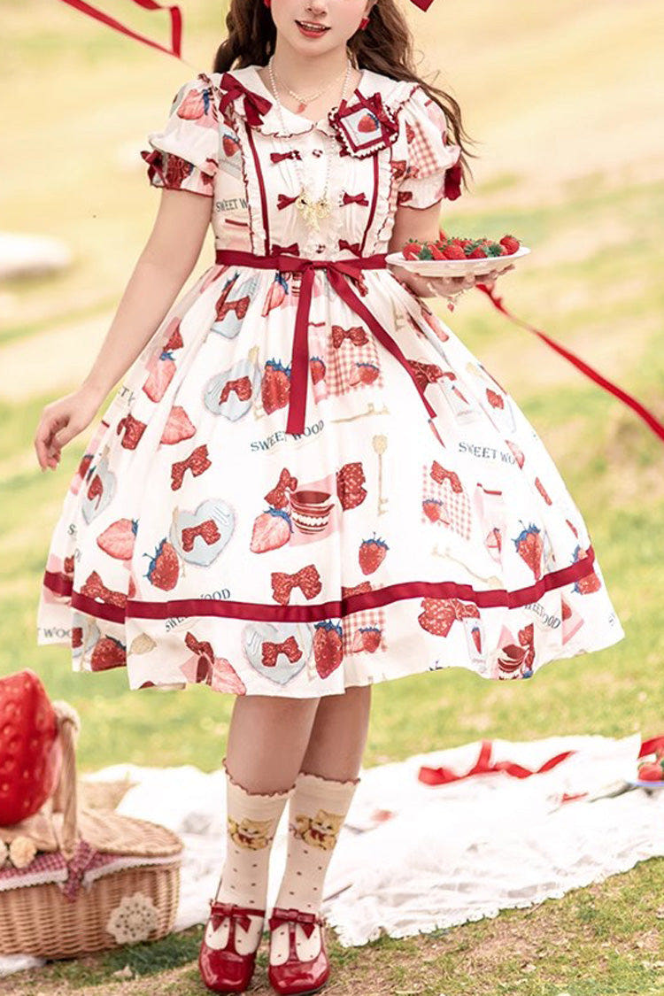 Multi-Color Strawberry Bowknot Print Short Sleeves Short Version Sweet Lolita Dress - Multi-Color - 1