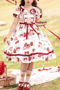 Mehrfarbiger Erdbeer-Schleifendruck, kurze Ärmel, kurze Version, süß (Kleid einzeln), Vorderansicht