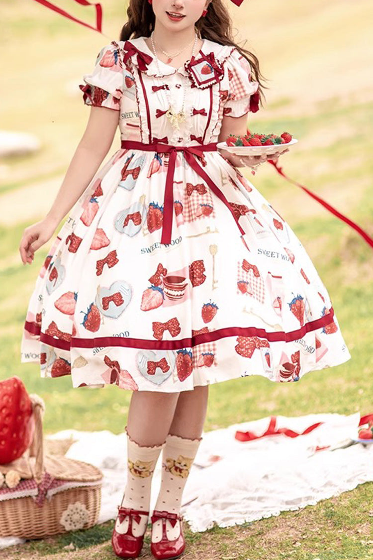 Multi-Color Strawberry Bowknot Print Short Sleeves Short Version Sweet (Dress Only) front view