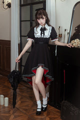 Black/White [Rosalind] Lapel Collar Short Sleeves Bow Lace Gothic Maid Lolita Dress - Product - 8
