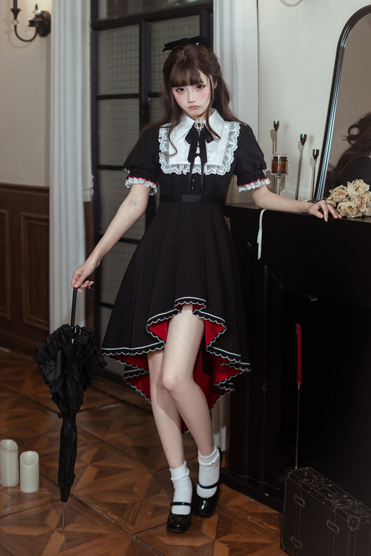 Black/White [Rosalind] Lapel Collar Short Sleeves Bow Lace Gothic Maid Lolita Dress - Product - 8