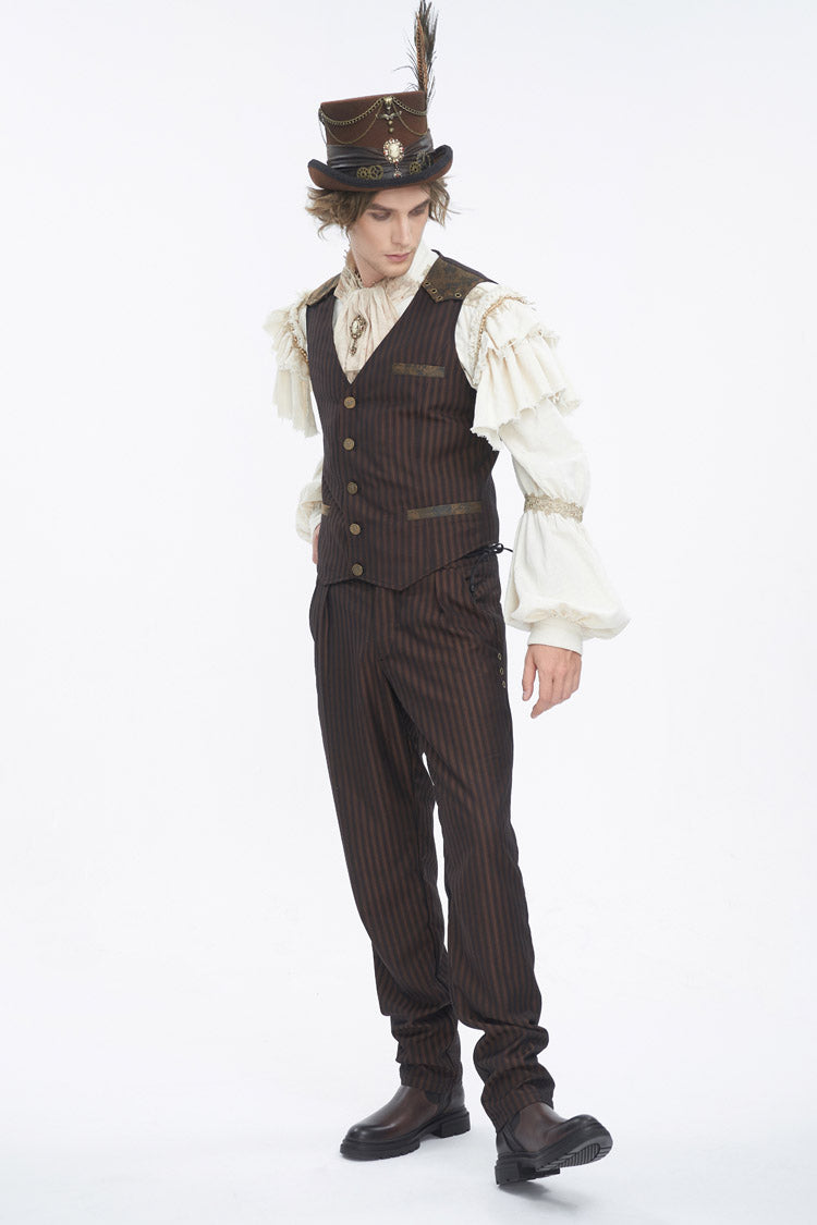 Brown Striped V Collar Stitching Slim Men's Gothic Vest - Product - 2
