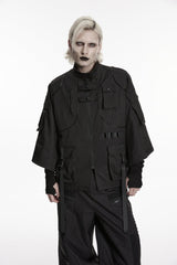 Black Stand Collar Long Sleeves Zippered Men's Punk Handsome Multi Pockets Strappy  Jacket - Black - 1