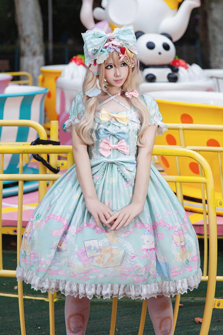 Green [Macarons Dolly House] Square Collar Short Lantern Sleeves Printed Bow Sweet Lolita Dress - Green - 1