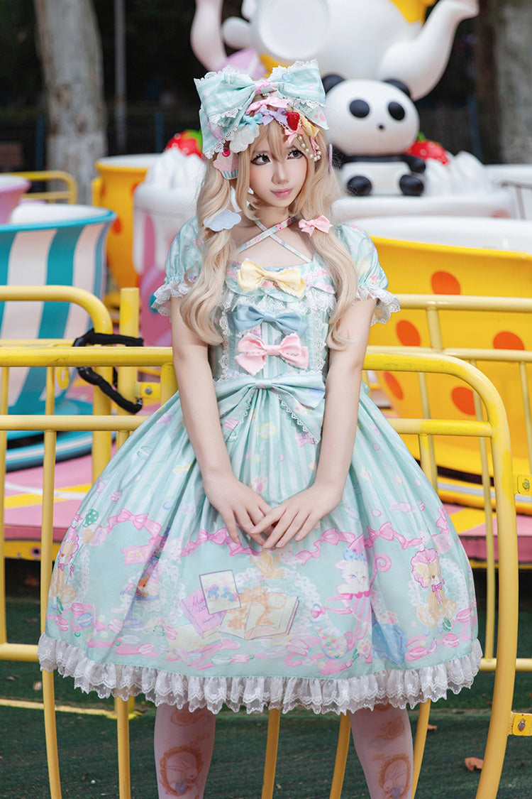Green [Macarons Dolly House] Square Collar Short Lantern Sleeves Printed Bow Sweet Lolita Dress - Green - 1