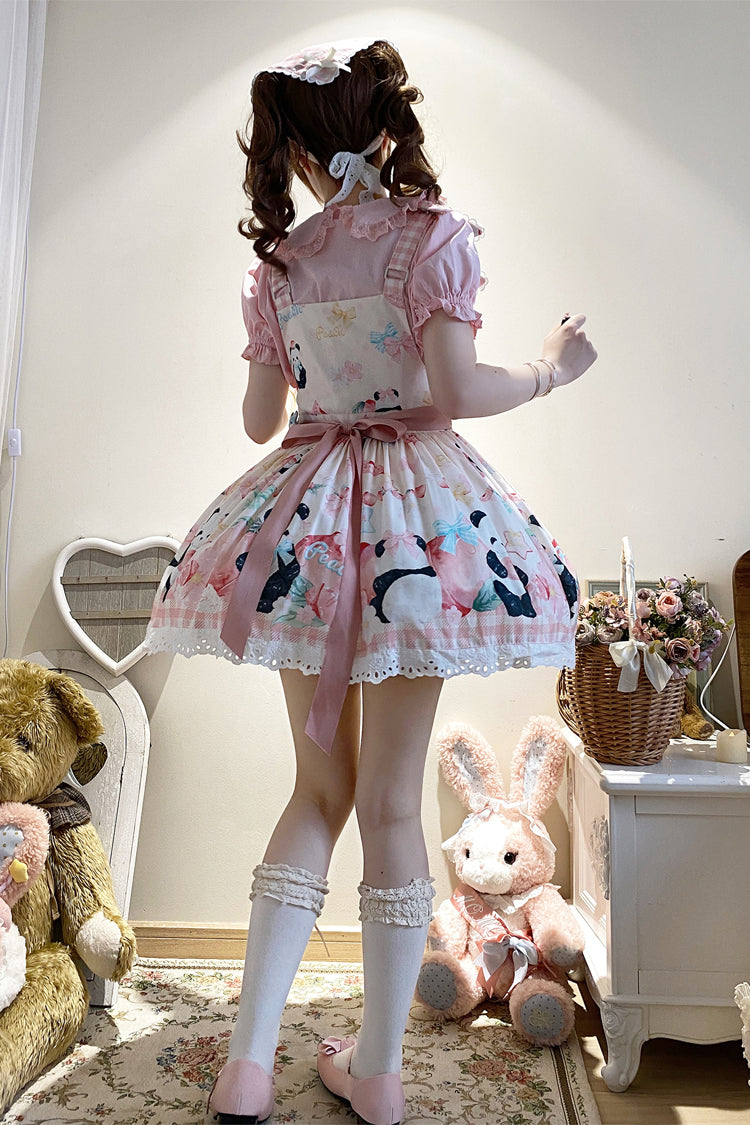 Panda Peach Print Bowknot Sweet Lolita Strap Dress 3 Colors - Product - 12