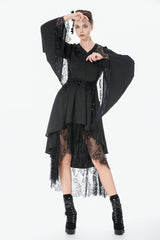 Black V Collar Long Trumpet Sleeves Lace Sheer Women's Gothic Kimono High Low Long Dress - Product - 8