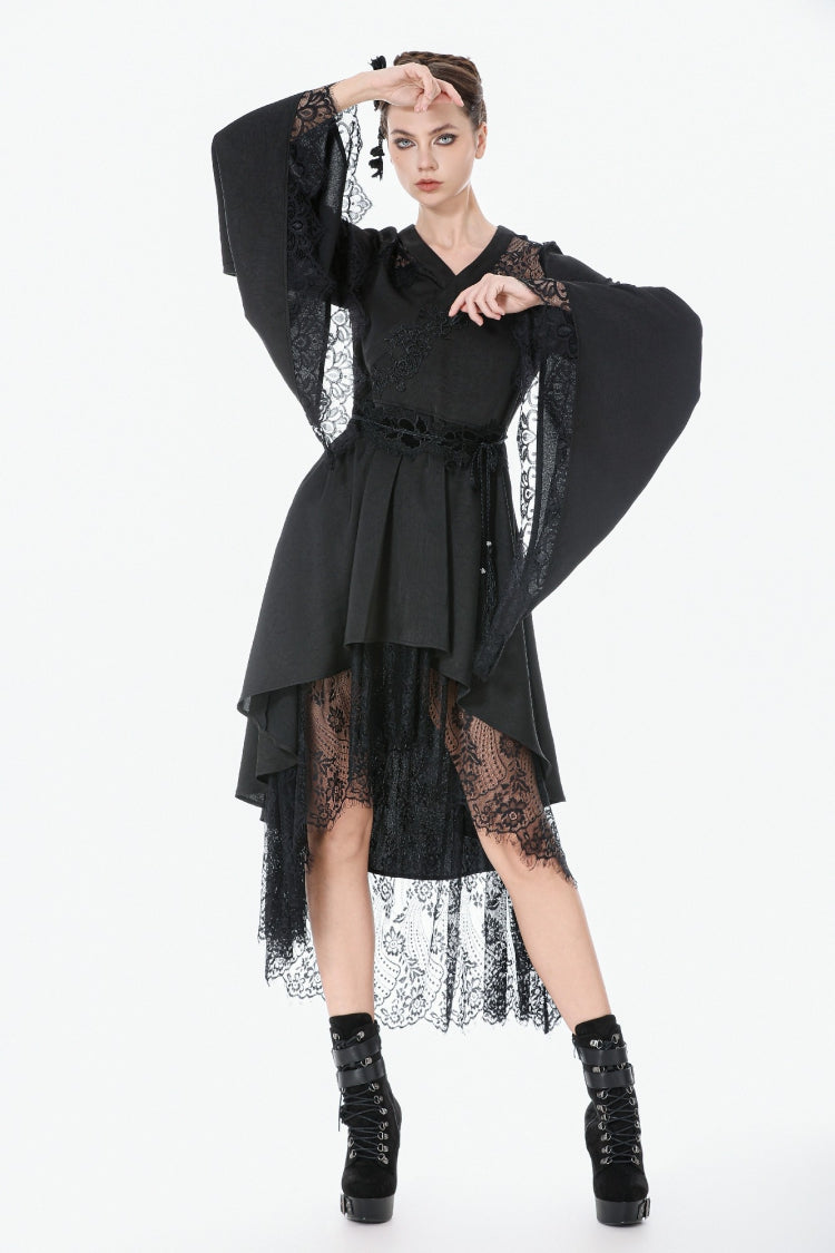 Black V Collar Long Trumpet Sleeves Lace Sheer Women's Gothic Kimono High Low Long Dress - Product - 8