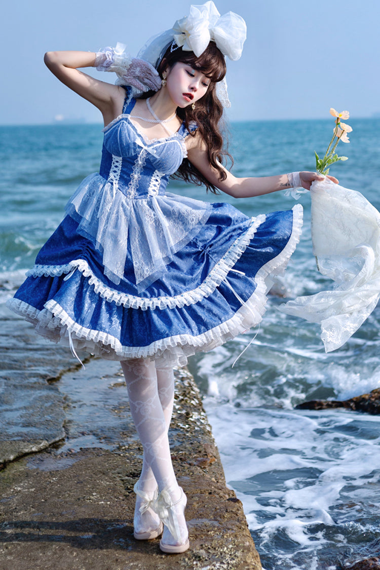 Blue Landing Drawstring Pull Up Hem Elegant Sweet Lolita Dress - Product - 5
