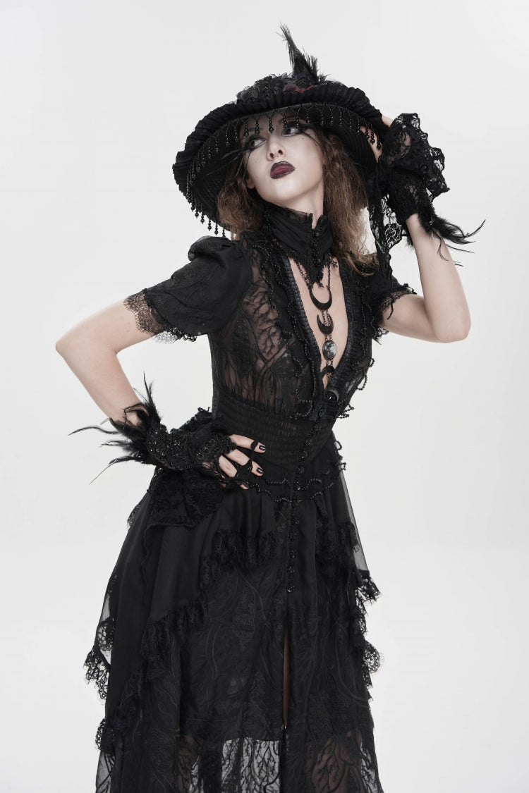 Black V Collar Short Sleeves Hanayome Lace Women's Gothic Wedding Dress - Product - 12