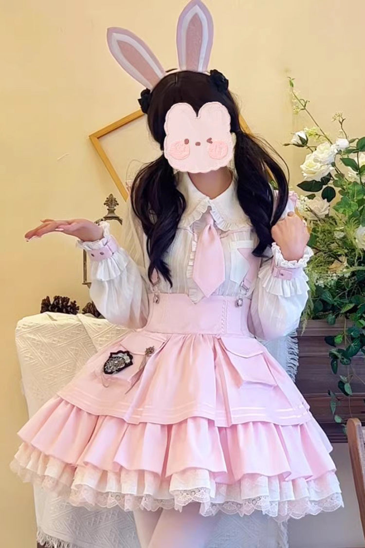 Officer Rabbit Multi-layer Ruffle Sweet Lolita Strap Dress 4 Colors - Pink - 2
