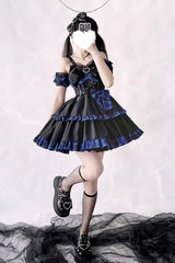 Black/Blue Sleeveless Multi-layer Ruffle Bowknot Gothic Lolita Jsk Dress - Black/Blue - 1